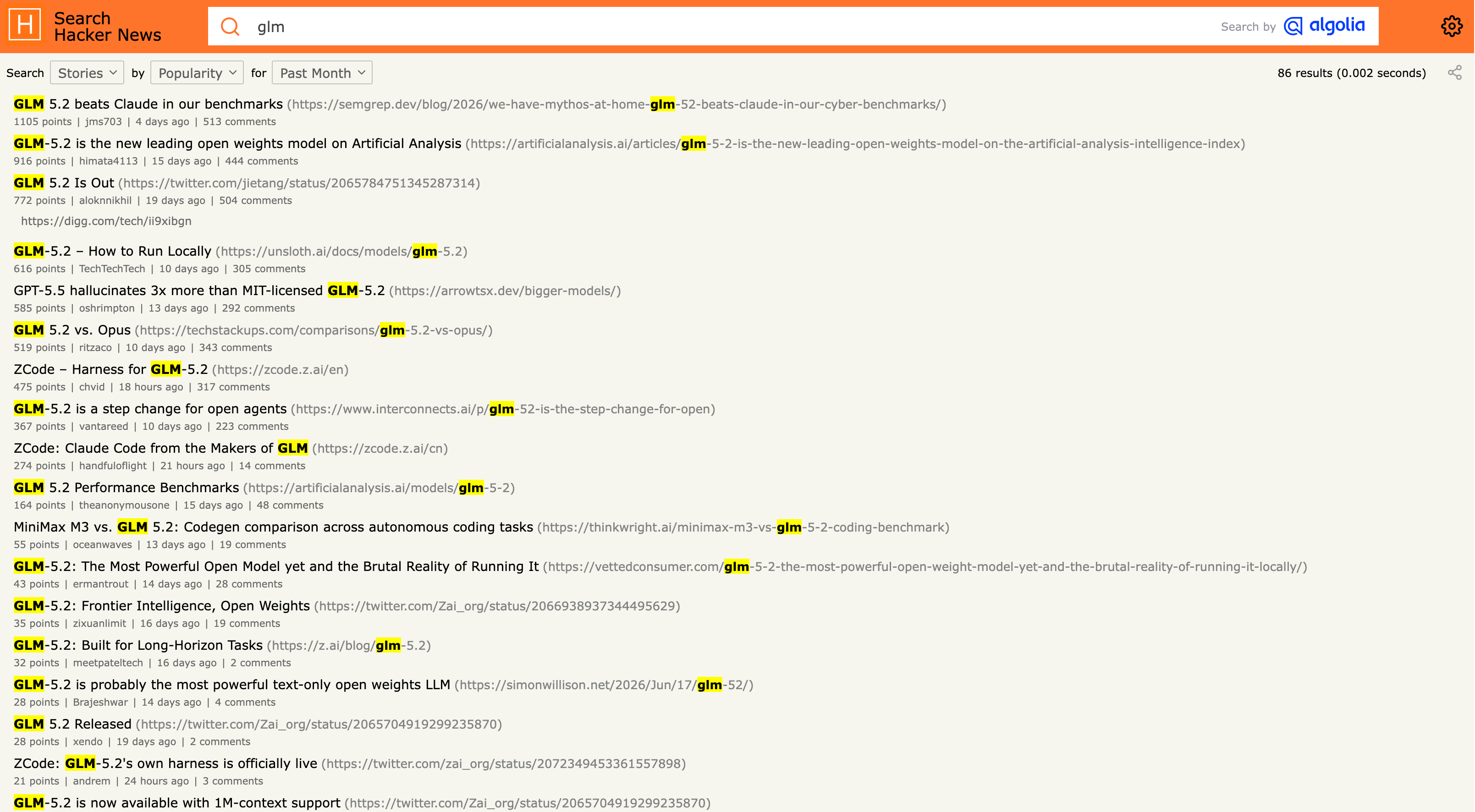 Hacker News search results for "glm", showing dozens of front-page GLM 5.2 stories