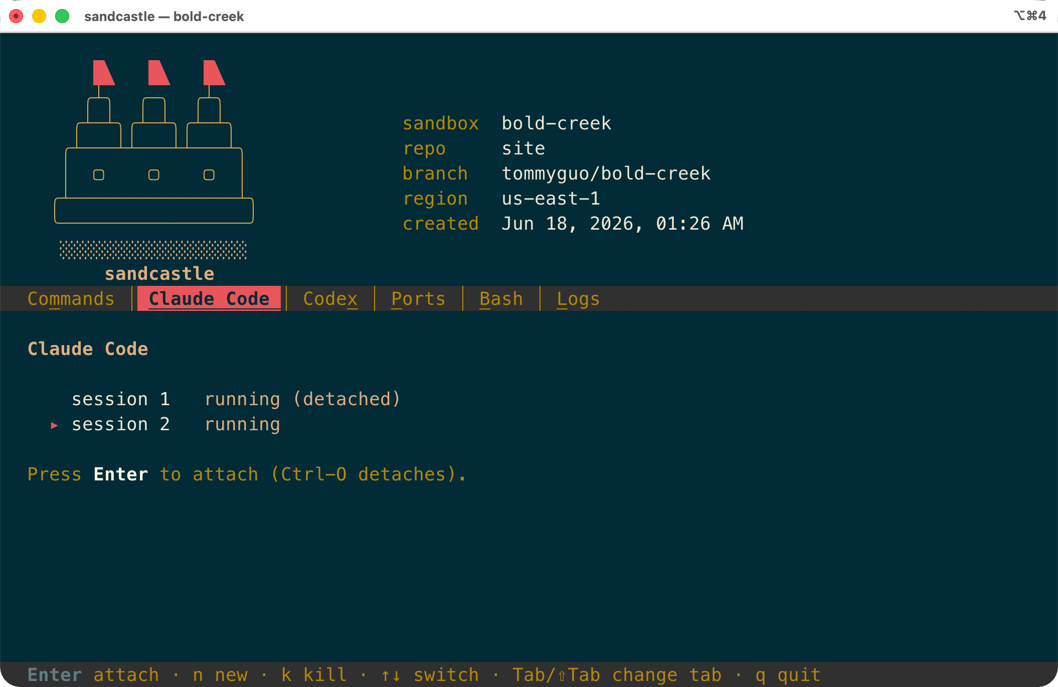 The sandcastle TUI Claude Code tab, listing running Claude Code sessions