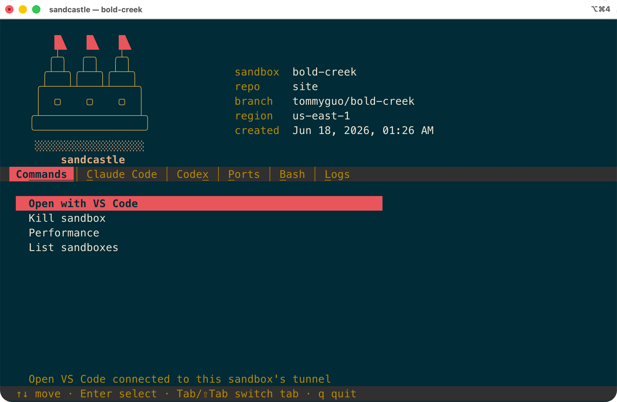 The sandcastle TUI Commands tab, showing sandbox details and a command menu